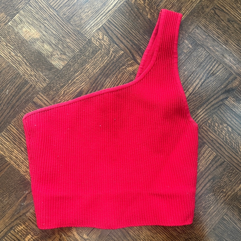 Babaton Red Asymmetrical Ribbed Crop Top - Size S